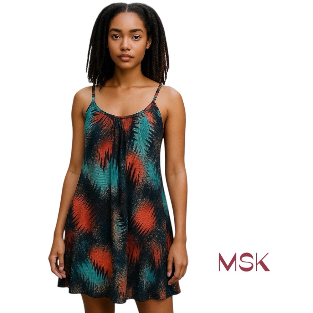 MSK Bold Print Black Red Teal Sleeveless Dress NWOT Size M